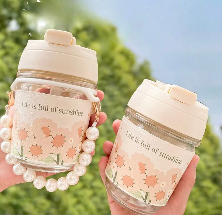 Thermal Mini Coffee And Water Bottle, Portable Glass Straw Cup, Dual Drinking Pearl Bracelet Cup Thermal Mini Coffee And Water Bottle, Portable Glass Straw Cup, Dual Drinking Pearl Bracelet Cup